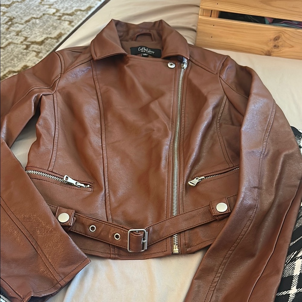 Brown Faux Leather Moto Jacket with Asymmetrical Zipper and Buckle Details